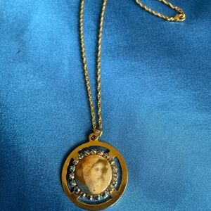 Mid Century Czech Girl in a Bonnet Porcelain Glass Pendant Necklace.